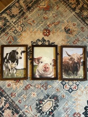 Farm Animal Framed Wall Art - Set of 3 (Cow, Pig, Highland) - Brown Frames